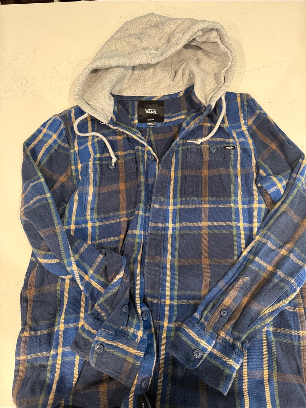 Vans Blue Plaid Hooded Shirt Jacket with Grey Hood